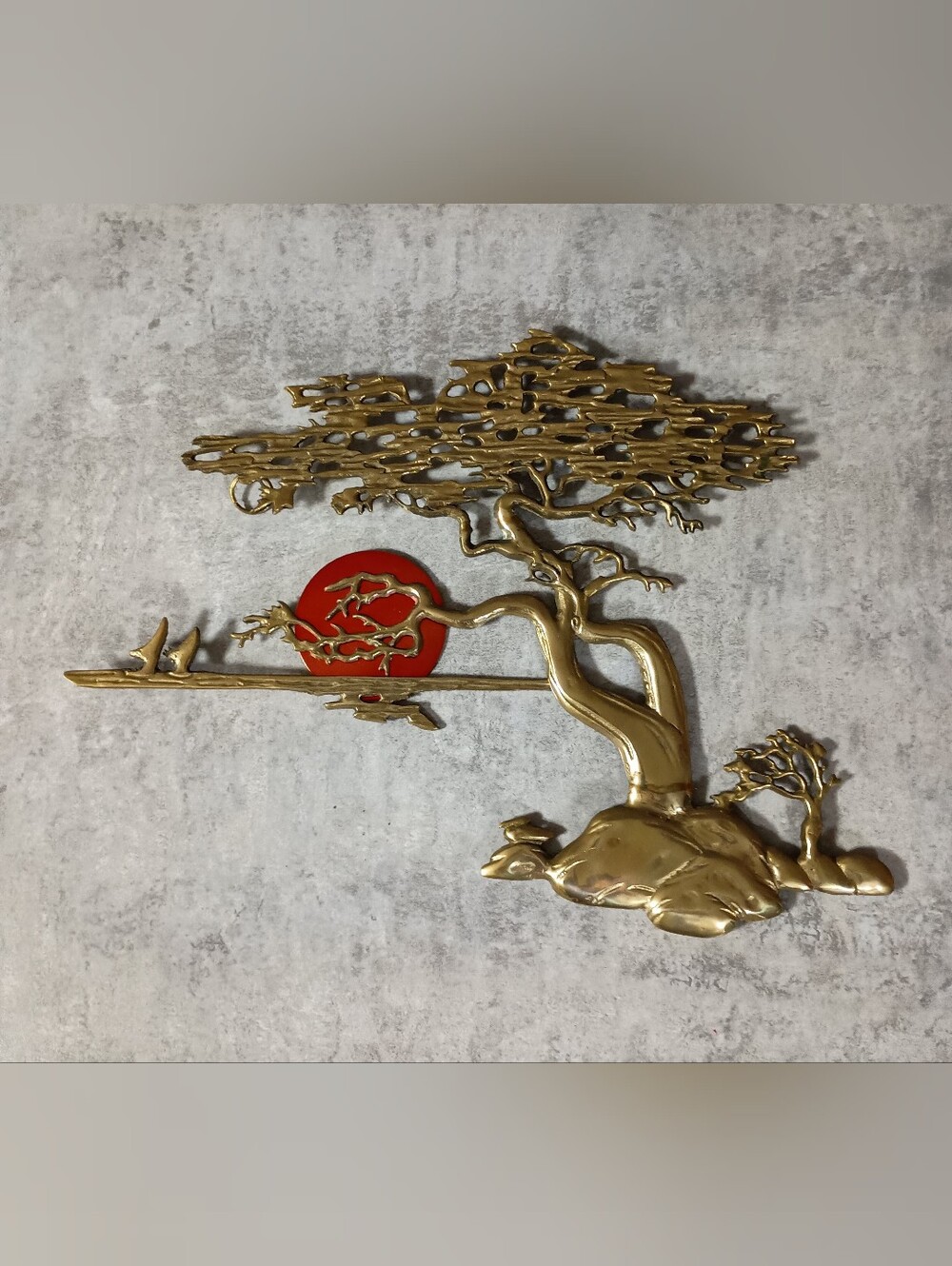 Vintage MCM Brutalist Brass & Copper Bonsai Tree Wall Art with Red Sun Accent